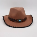 Camel felt cowboy hat with bohemian turquoise stone and black stitched brim - One Size / Khaki With Black Edge (Cross Rope)