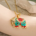 18K gold plated elephant pendant necklace with colorful enamel and zircon details - Blue-Green Enamel Elephant