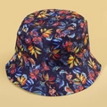 Navy blue bucket hat with colorful leaf patterns for summer outdoor sun protection - M (56-58cm) / Navy Blue and Red