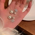 Elegant silver snowflake earrings with shimmering crystals and delicate white pearls - Silver Snowflake Pearl Drop Earrings (Silver Earring Post) E1709