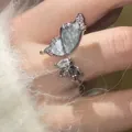 Adjustable S925 silver open ring featuring a vintage butterfly design with cat-eye stones - JZ0775-Mother of Pearl Butterfly