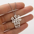 Detail of silver stainless steel necklace showing intricate hollow flower pot pendant - Silver Potted Plant 3