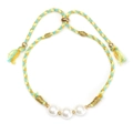 Detail of woven green rope bracelet featuring glass shell pearls and adjustable tassel cord - Cyan Yellow Blue Mixed (BE1681GD07)
