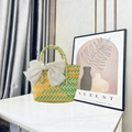 Handwoven basket bag in yellow, green and white pattern with a large white fabric bow - Medium (With White Bow) / Yellow-Green