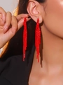 Sparkling red rhinestone long fringe tassel earrings on model for elegant evening wear - Large Red Exaggerated Fashion Earrings