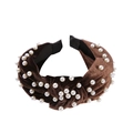 Vintage brown velvet knotted headband decorated with white pearls on a white background - Dark Coffee