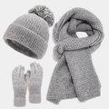 Three-piece winter knit set with thick gray pom pom hat scarf and matching gloves - Black