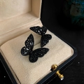 Elegant black bow-shaped stud earrings with sparkling crystals in vintage style - 19#E5377 Silver Pin-Black