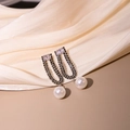 Elegant U-shaped pearl earrings with black crystals and silver finish for women - E4991-6-Silver Pave Pearl Drop Earrings