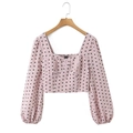 Detail of pink polka dot square neck top with puff sleeves and corset-style bodice - S / Pink Polka Dots