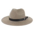 Detailed close-up of straw fedora hat with black leather band and silver buckle - Dust Rose