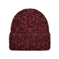 Close-up of wine red speckled knit beanie featuring soft textured fibers for winter warmth - Burgundy