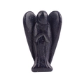 Guardian angel figurine carved from sparkling blue sandstone crystal on white backdrop - Blue Goldstone