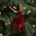 Red flocked reindeer Christmas tree ornament with golden glitter antlers, size 13x8.5cm - Red Reindeer
