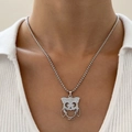 Hip hop style silver stainless steel necklace with a hollow owl pendant worn on neck - Owl Style (09 Steel Color 4136)