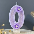 Lavender purple number 0 birthday candle with glitter and floral accents on base - Number 0