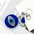 Blue Evil Eye heart keychain with sparkling rhinestones and matching silk tassel - Dark Blue Pointy Eye Silver Clasp