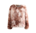 Detailed texture of round neck faux fur coat in brown and white mottled pattern - S / Camel