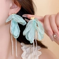 Close-up of mint green chiffon flower earrings with gold hearts and beaded tassels on model - 34# 925 Sterling Silver Earring Post-Mint Green-Gauze Flower (HE24970)