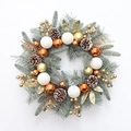 Christmas wreath with green pine needles, orange ornaments, and natural pine cones decoration - Orange Gold Glitter Snowball Style (SDHH010-10)