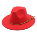 Detail of red fedora hat with high-density wool felt and brown braided tassel band - M (56-58cm) / Red