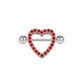 Detail of silver heart shield nipple ring featuring a vibrant red gemstone inlay - #15 Heart Red Gem