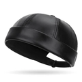 Minimalist black PU leather skull cap with adjustable strap and vintage rolled edge - Black