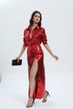Sprankelende felrode pailletten set van top met lange mouwen en rok met hoge split - S / Rood