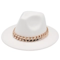 Detail of white wool fedora hat featuring a chunky rose gold acrylic chain accent - White