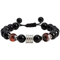 10mm Onyx- und Tigerauge-Perlenarmband mit silbernem Zylinder und Kordelzug - Verstellbarer Geflochtener Stil / Geflochtenes Rotes Tigerauge + Obsidian Armband