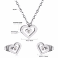 Polished heart-shaped stainless steel necklace and earring set with size measurements - Silver (SE221801S)