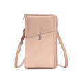 Pink crossbody phone bag for women with leather texture and metal pendant detail - Pink