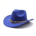 Detail of royal blue wool cowboy hat with ethnic beaded band and tiger eye stone button - Blue