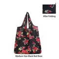 Foldable floral shopping bag in black with red rose pattern and medium size display - Medium - Black Red Rose