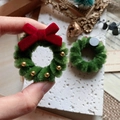 Miniature green fuzzy Christmas wreath brooch with red velvet bow and gold beads - Large Thick Wreath Fridge Magnet / Approx 4.5cm