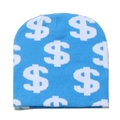 Detail of blue knitted beanie featuring all-over white dollar sign pattern and texture - M (56-58cm) / Blue
