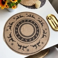 Round jute placemat with black reindeer and snowflake prints for Christmas table decor - Style 3 Black