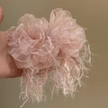 Close-up of pink fabric flower earrings with elegant tassels and shimmering silver pins - 19# 925 Sterling Silver Earring Post - Pink - Mesh Flower Goose Feather Sequin Tassel Earrings