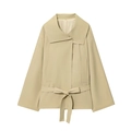 Fashion khaki trench coat jacket with lapels and matching belt on white background - XS / Outerwear