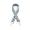 Détail de la bandoulière tissée géométrique bleue et marron avec fermoirs dorés en métal - Quincaillerie Dorée / Aqua