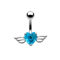 Piercing de nombril en argent avec zircon coeur bleu et décor d'ailes d'ange - Argent/Zircone Bleu