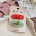 Set of two fabric BB hair clips with orange pleats and green leaf embroidery - Green Embroidered Oval (2Pcs Set)