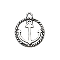 Silver nautical anchor charm pendant in circular rope frame for DIY jewelry making - Round Hollow Anchor (7047) / 1 Piece/Pack (18x15mm) / Antique Silver