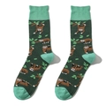 Detail of green mid-calf socks with sloth jacquard pattern and mint green accents - One Size / Dark Green Sloth Branch Style (A1184)