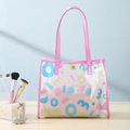 Pink transparent PVC cosmetic tote bag with colorful letters and matching inner pouch - Purple Letters (Tote Bag)