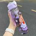 Capybara cartoon water bottle with purple flip lid and portable carrying strap - Transparent Purple (New)