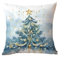 Blauwe kussenhoes met aquarel kerstboom, gouden sterren en ornamenten op witte achtergrond - CRD513-3 / Aquarel Kerstboom