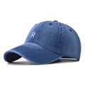 Klassische dunkelblaue Denim Baseballkappe mit weißer R-Stickerei und gebogenem Schirm - M (56-58cm Verstellbar) / Buchstabe R Stickerei-Stil / Dunkelblau