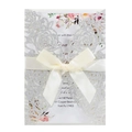 Elegant laser cut silver glitter wedding invitation with beige ribbon and floral inner card - Silver Glitter