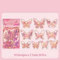 Decorative laser gold foil butterfly stickers set, 10 patterns 20 pieces PET material - Rose Nebula (Pink)